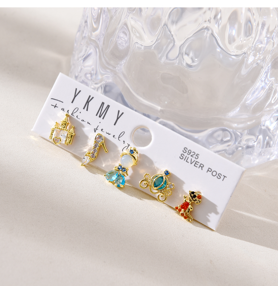 Fashion Gold Set Of 6 Copper Inlaid Zircon Princess Castle Pumpkin Car Stud Earrings,Earring Set