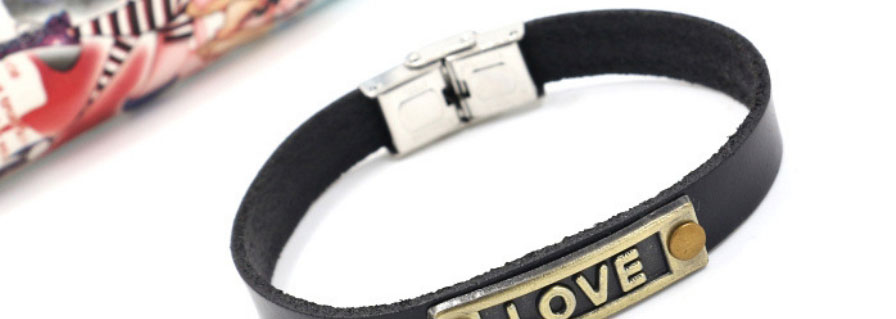 Fashion Black Leather Ancient Silver Alloy Alphabet Leather Bracelet,Fashion Bracelets