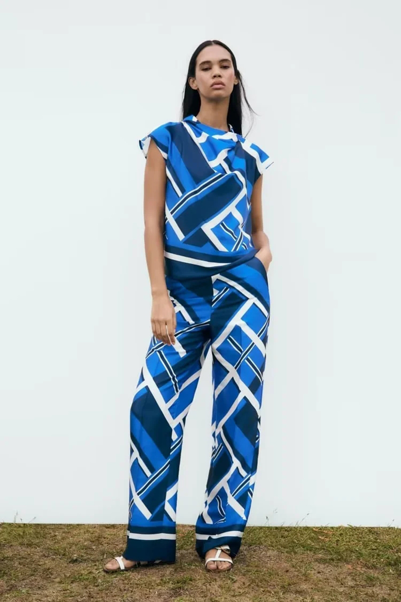 Fashion Blue Polyester Print Drop Neck Top,Tank Tops & Camis