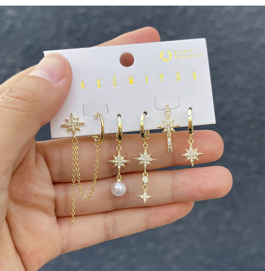 Fashion Gold Copper Inlaid Zircon Starburst Pendant Chain Pearl Earring Set Of 6,Jewelry Set