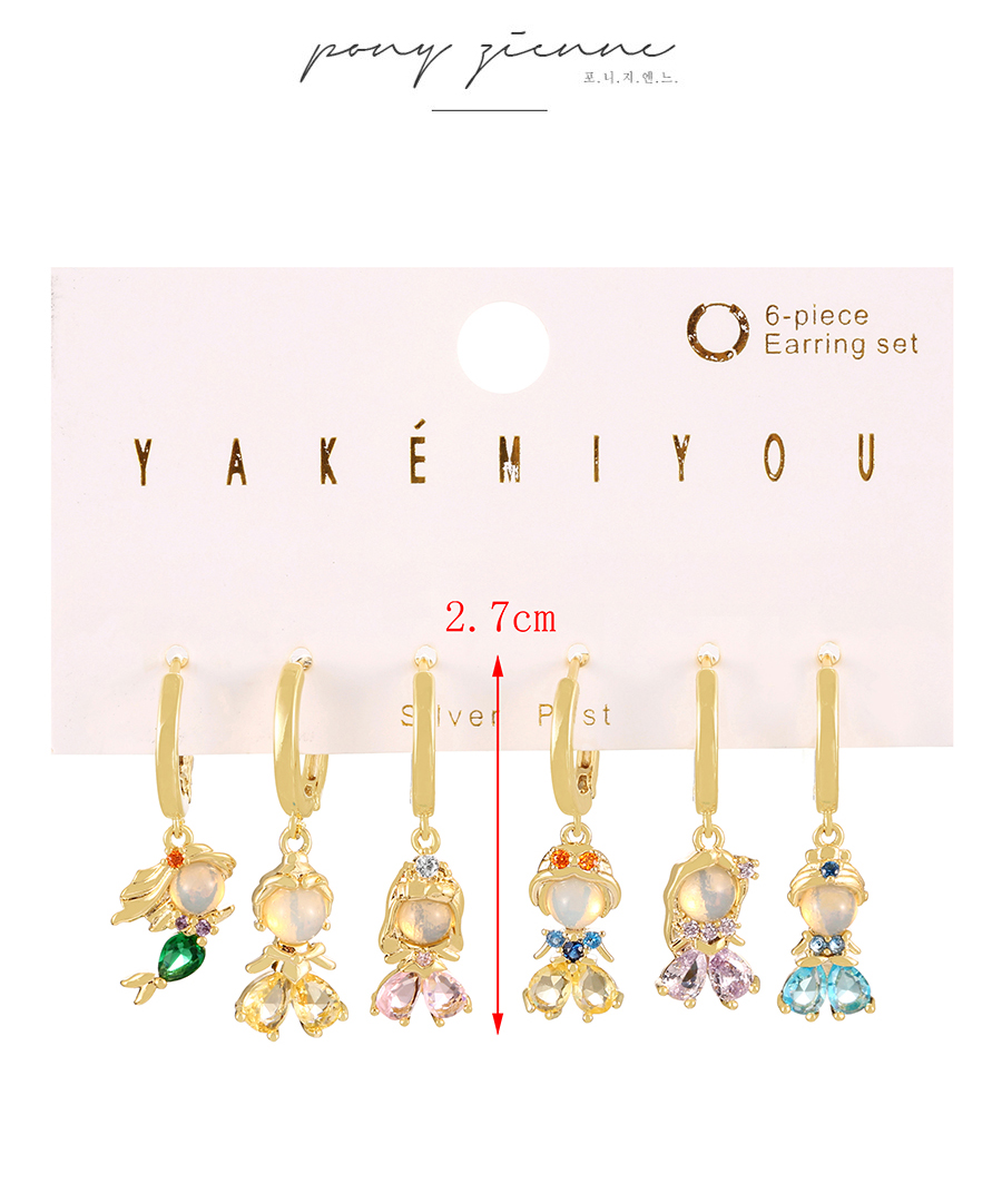 Fashion Gold Copper Inlaid Zircon Princess Mermaid Earrings Set Of 6,Earring Set