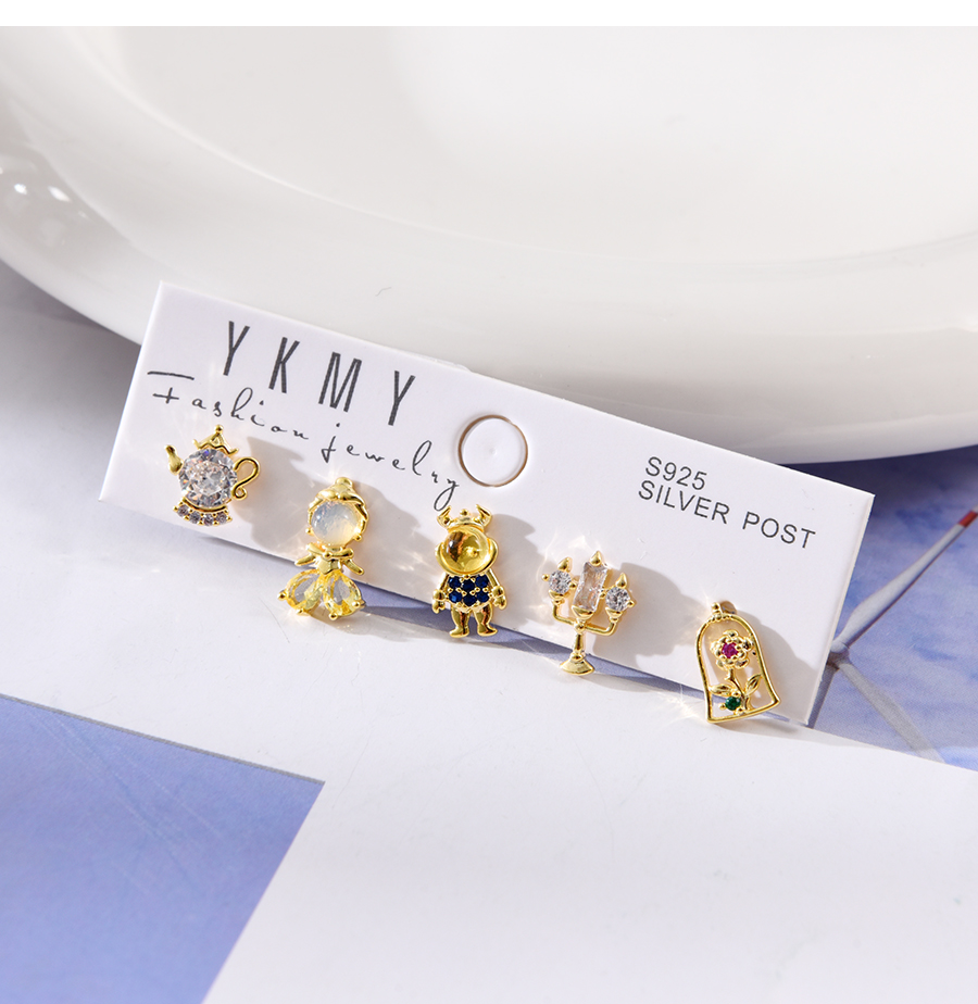 Fashion Gold Set Of 5 Copper Inlaid Zirconia Princess Flower Pendant Earrings,Earring Set