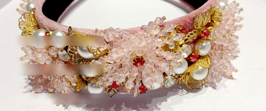 Fashion Pink Geometric Crystal Pearl Braided Wide-brimmed Headband,Head Band
