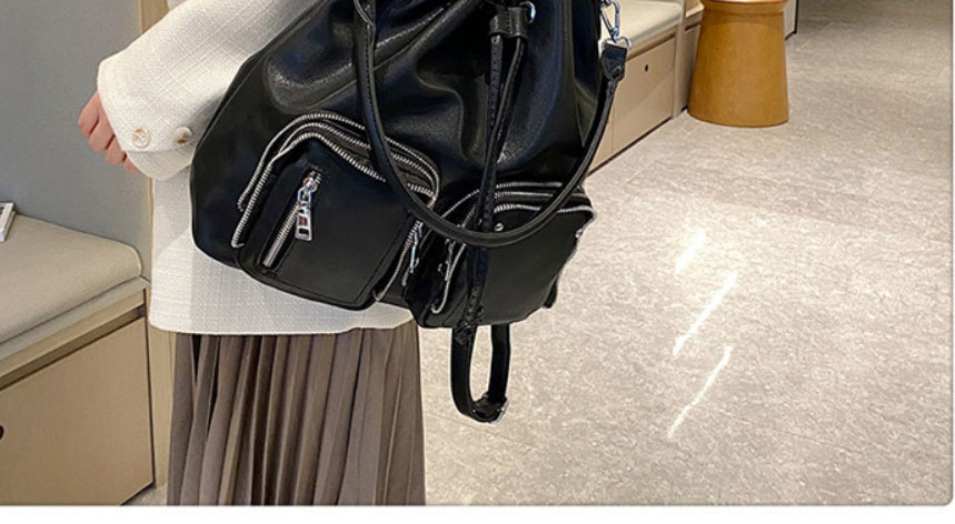 Fashion Black Pu Drawstring Large Capacity Backpack,Backpack