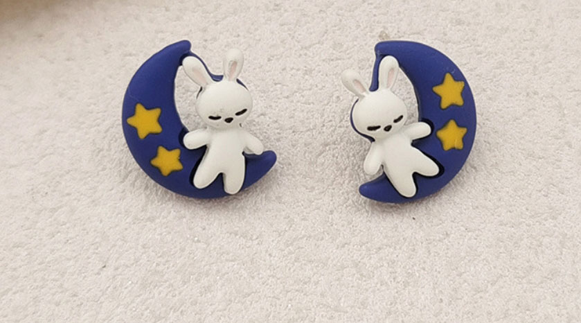 Fashion A Pair Of Bunny Stud Earrings Alloy Moon Rabbit Contrasting Color Stud Earrings,Stud Earrings