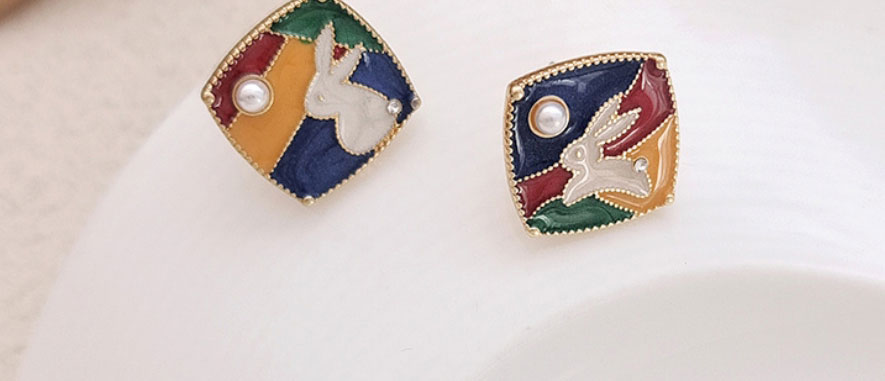 Fashion A Pair Of Ear Clips (triangular Clips) Alloy Contrasting Color Drip Oil Rabbit Pearl Square Ear Clip,Clip & Cuff Earrings
