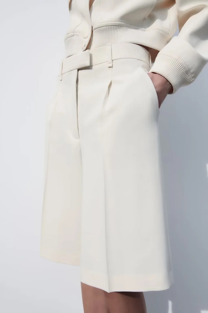 Fashion Milky White Polyester Pleated Trousers,Shorts