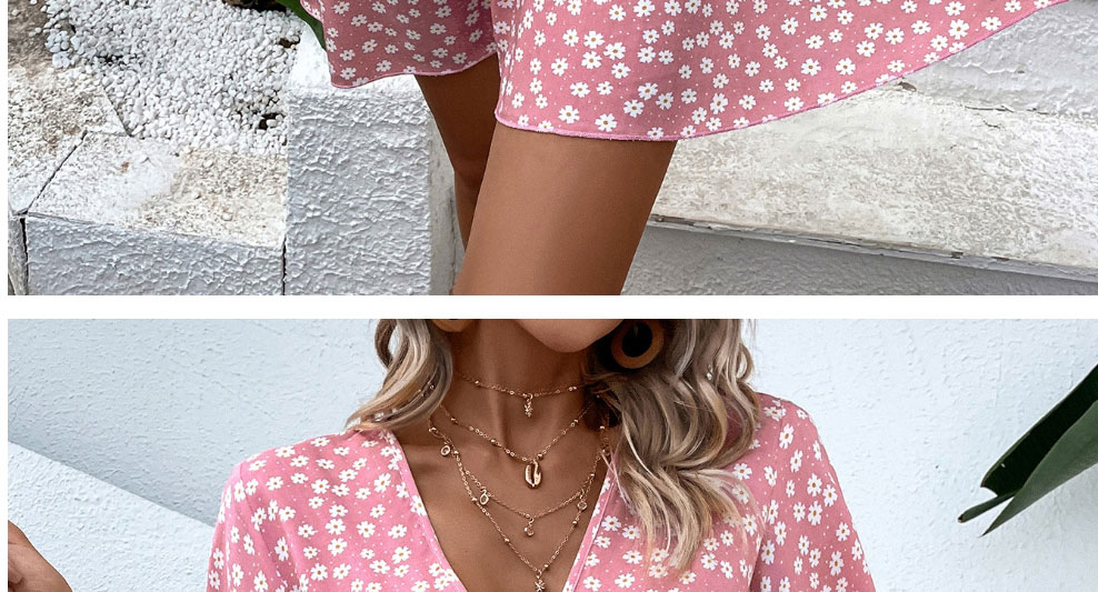 Fashion Pink Polyester V-neck Floral Short-sleeved Dress,Long Dress