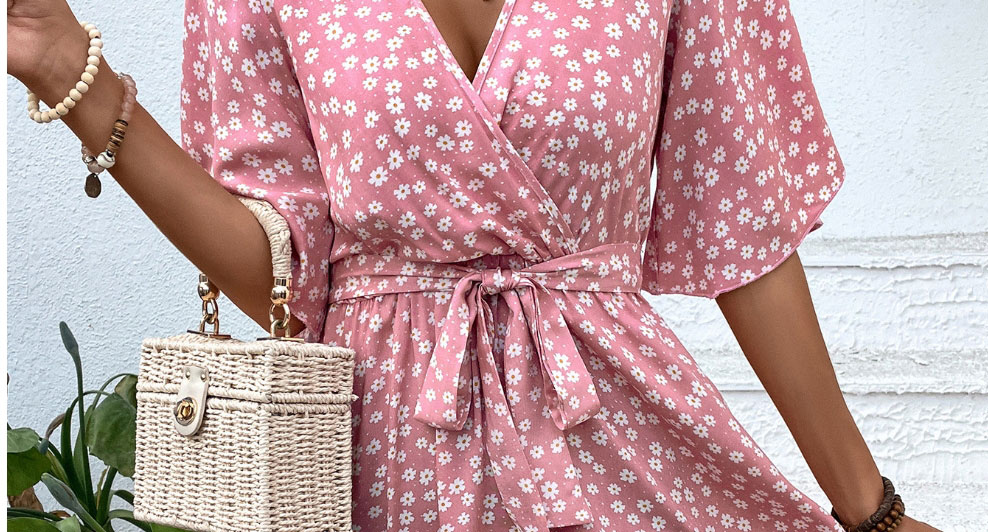 Fashion Pink Polyester V-neck Floral Short-sleeved Dress,Long Dress