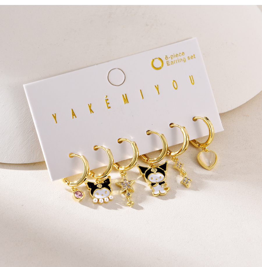 Fashion Gold Copper Inlaid Zirconium Drop Oil Cartoon Five-pointed Star Opal Love Pendant Earrings Set Of 6,Earring Set