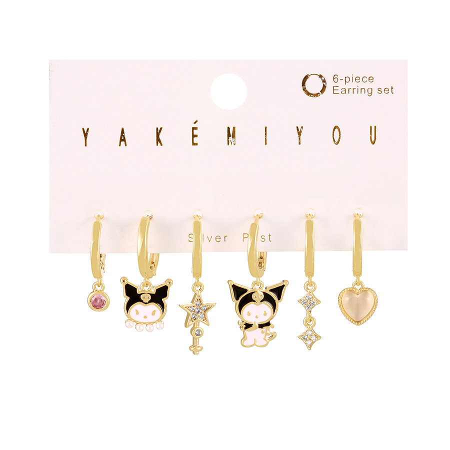 Fashion Gold Copper Inlaid Zirconium Drop Oil Cartoon Five-pointed Star Opal Love Pendant Earrings Set Of 6,Earring Set