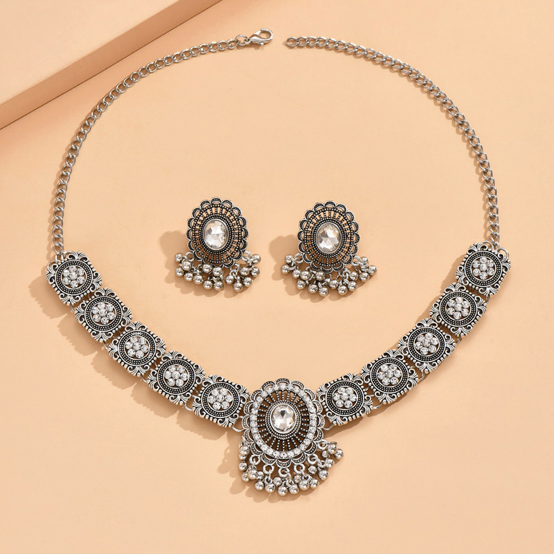 Fashion Silver Alloy Diamond Geometric Drop Necklace And Earrings Set,Jewelry Sets