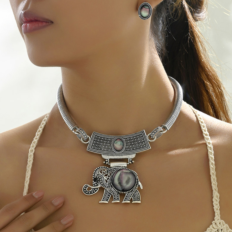 Fashion Silver Alloy Geometric Elephant Natural Stone Necklace And Earrings Set,Jewelry Sets