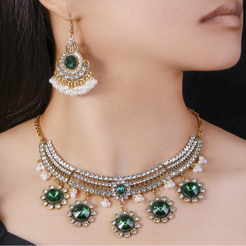 Fashion Green Alloy Diamond Pearl Drop Necklace And Earrings Set,Jewelry Sets