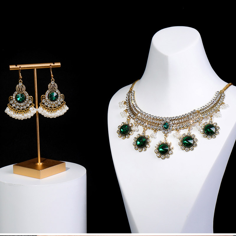 Fashion Green Alloy Diamond Pearl Drop Necklace And Earrings Set,Jewelry Sets
