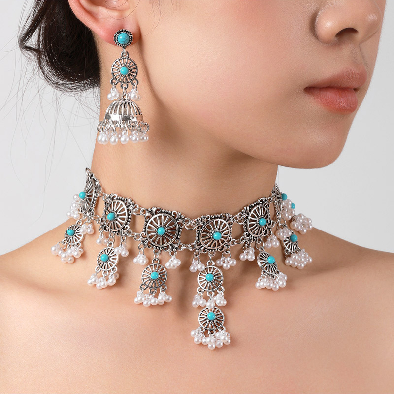 Fashion Color Alloy Diamond Hollow Drop Tassel Necklace And Earrings Set,Jewelry Sets