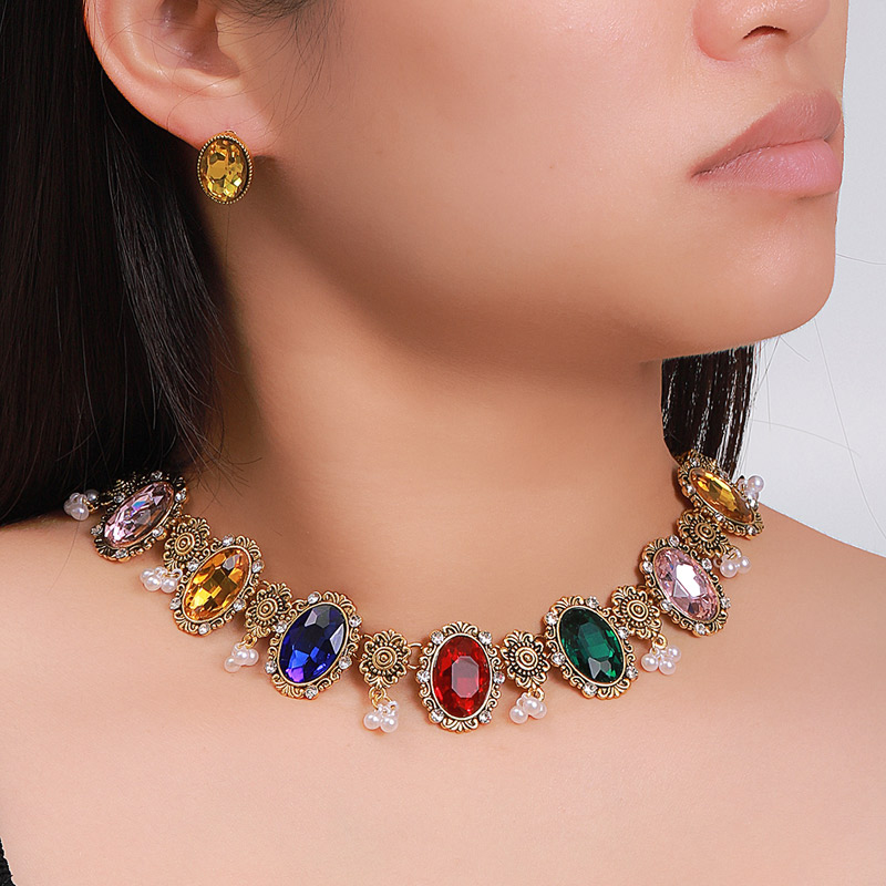 Fashion Transparent Color Alloy Diamond Oval Necklace And Earrings Set,Jewelry Sets