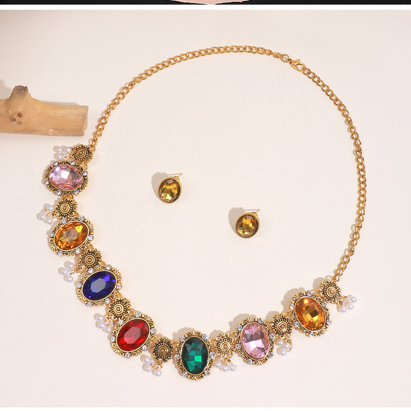 Fashion Color Alloy Diamond Oval Necklace And Earrings Set,Jewelry Sets