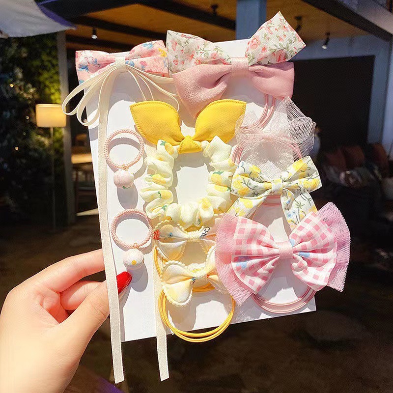 Fashion Yellow Bow Hair Tie Ten-piece Set Fabric Bow Flower Childrens Hair Rope Set,Kids Accessories