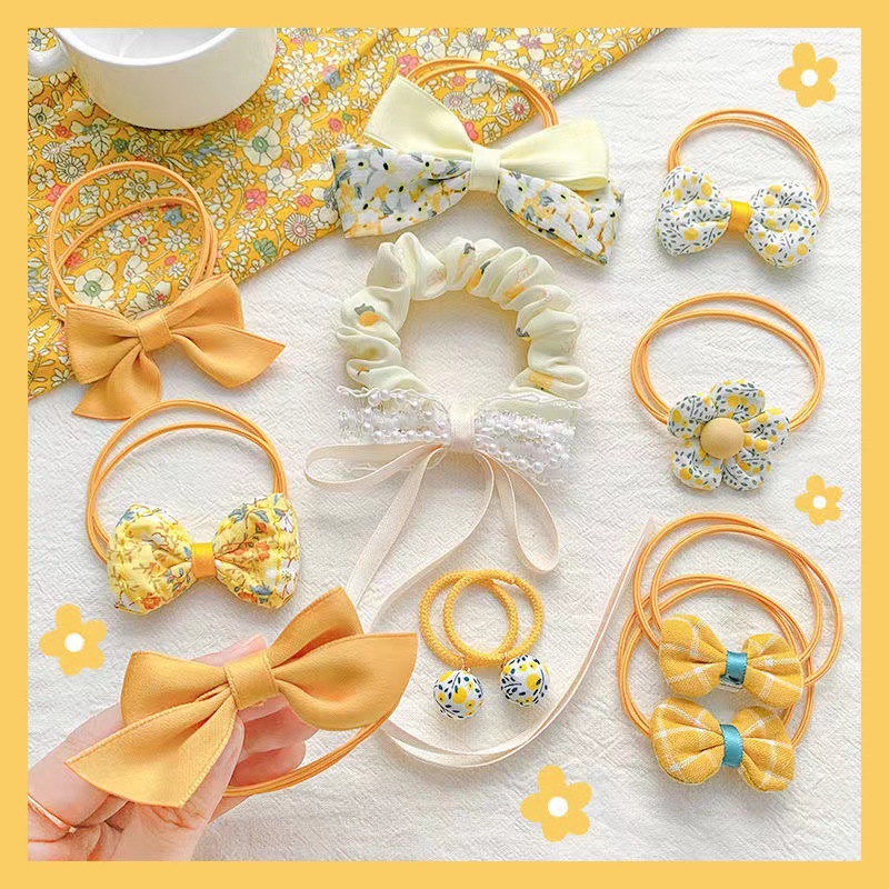 Fashion Green Bow Ten-piece Set Fabric Bow Flower Childrens Hair Rope Set,Kids Accessories