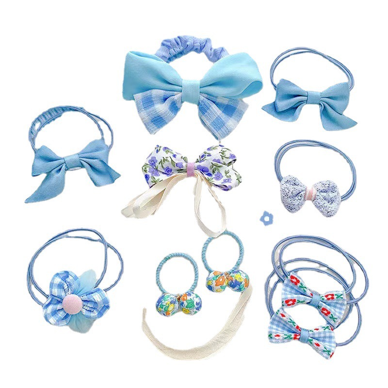 Fashion Blue Bow Ten-piece Set Fabric Bow Flower Childrens Hair Rope Set,Kids Accessories