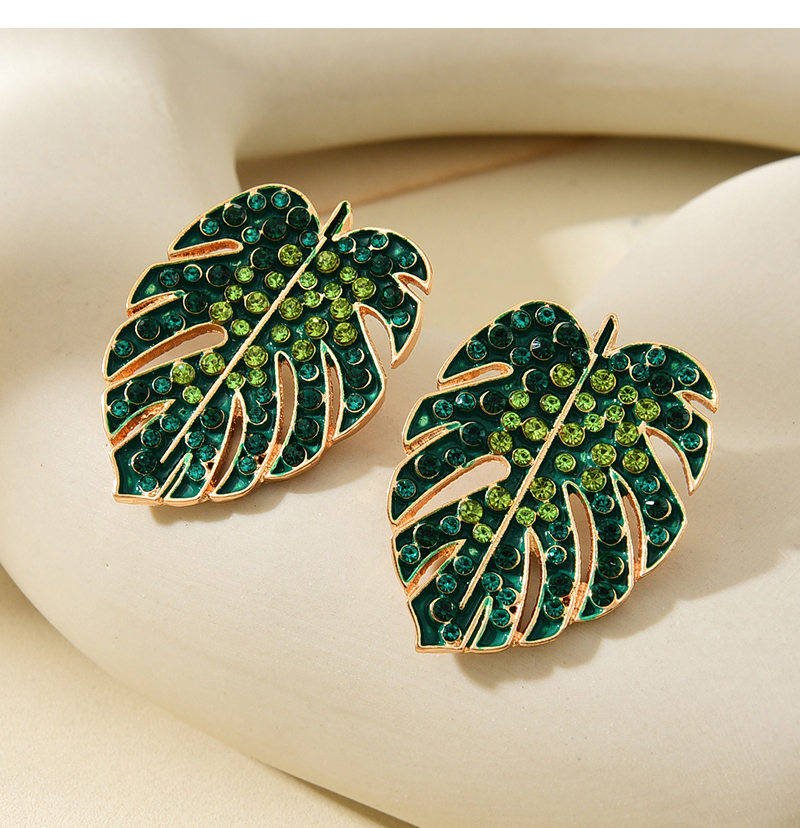 Fashion Green Alloy Diamond Leaf Stud Earrings,Stud Earrings