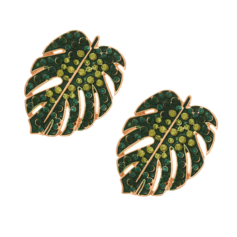 Fashion Green Alloy Diamond Leaf Stud Earrings,Stud Earrings