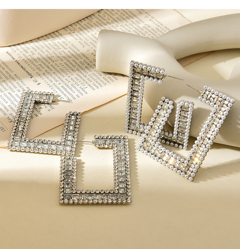Fashion Silver 2 Alloy Diamond Pearl Square Stud Earrings,Stud Earrings