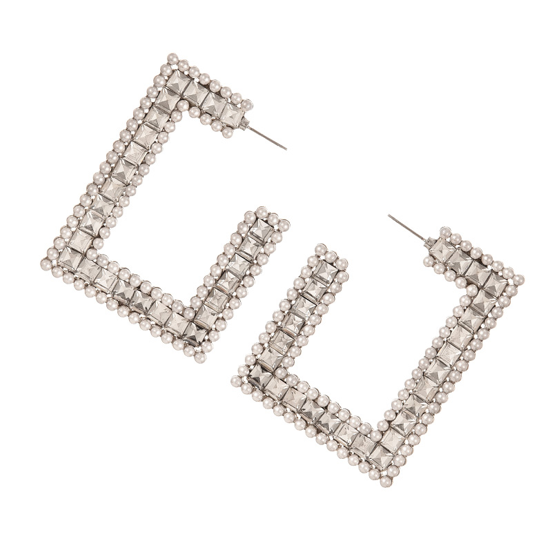 Fashion Silver 2 Alloy Diamond Pearl Square Stud Earrings,Stud Earrings