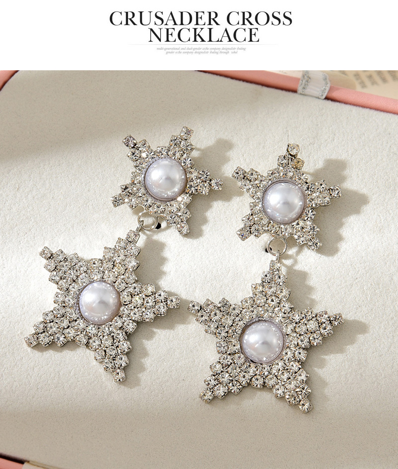 Fashion Silver Alloy Diamond Pearl Pentagram Earrings,Drop Earrings