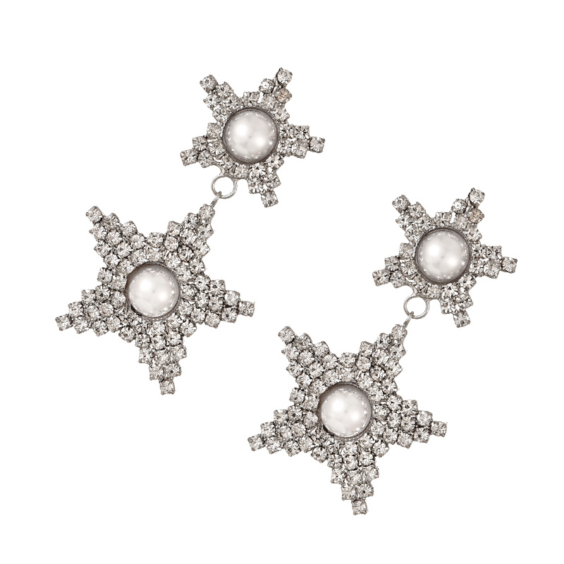 Fashion Silver Alloy Diamond Pearl Pentagram Earrings,Drop Earrings