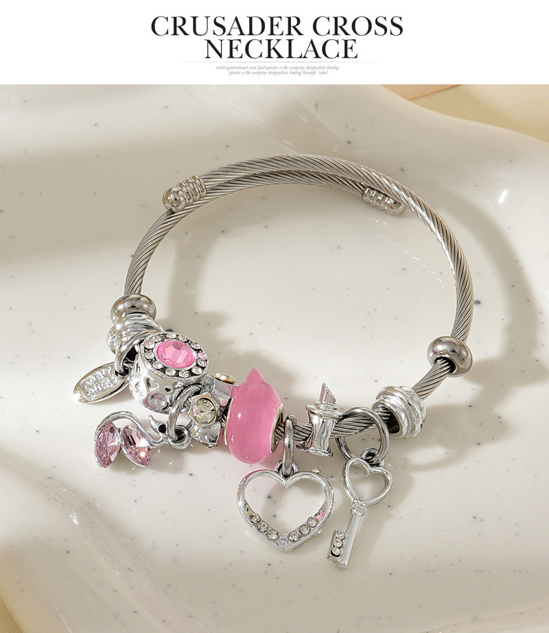 Fashion Pink Alloy Diamond Heart Swan Pendant Beaded Bracelet,Fashion Bangles