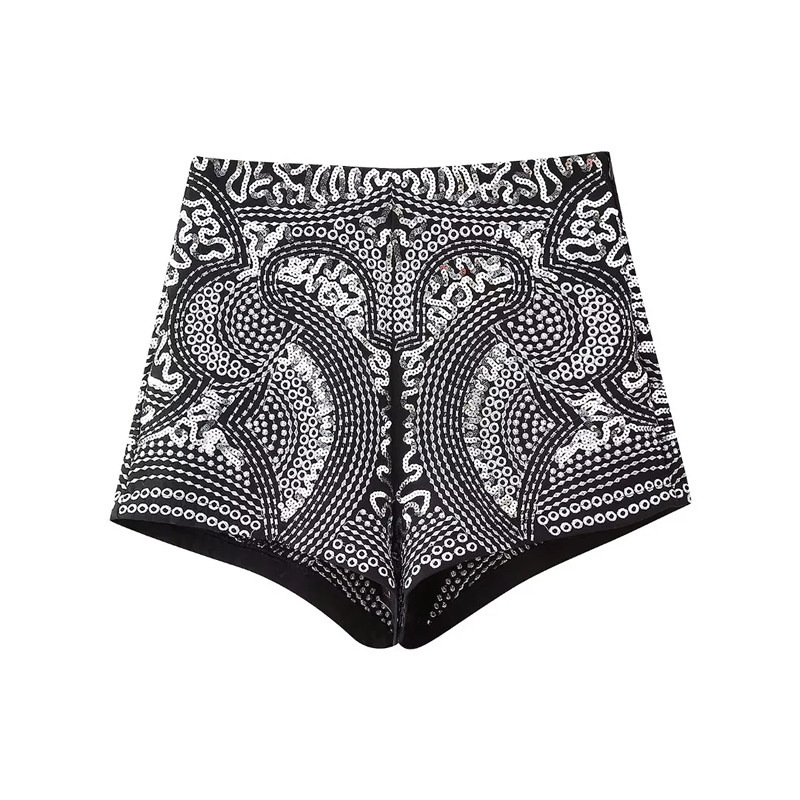 Fashion Silver Polyester Sequined High-waisted Shorts,Shorts
