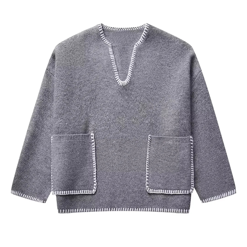 Fashion Grey Polyester Contrast Topstitch Knit Sweater,Sweater