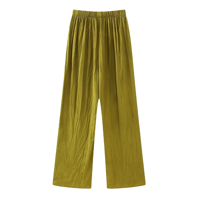 Fashion Green Silk-satin Pleated Straight-leg Trousers,Pants