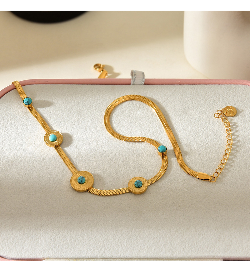 Fashion Gold Titanium Steel Round Turquoise Snake Bone Chain Necklace,Necklaces