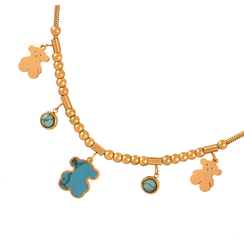 Fashion Gold Titanium Steel Turquoise Bear Pendant Beaded Necklace,Necklaces