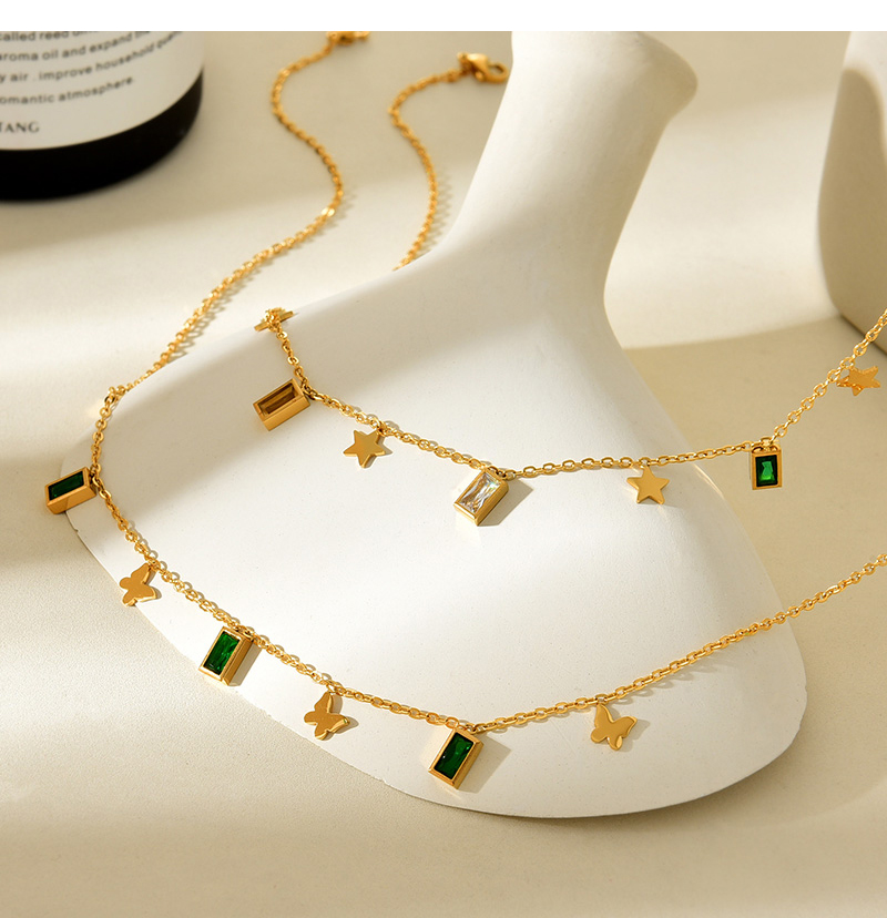 Fashion Gold Titanium Steel Inlaid Zirconium Square Pentagram Pendant Necklace,Necklaces