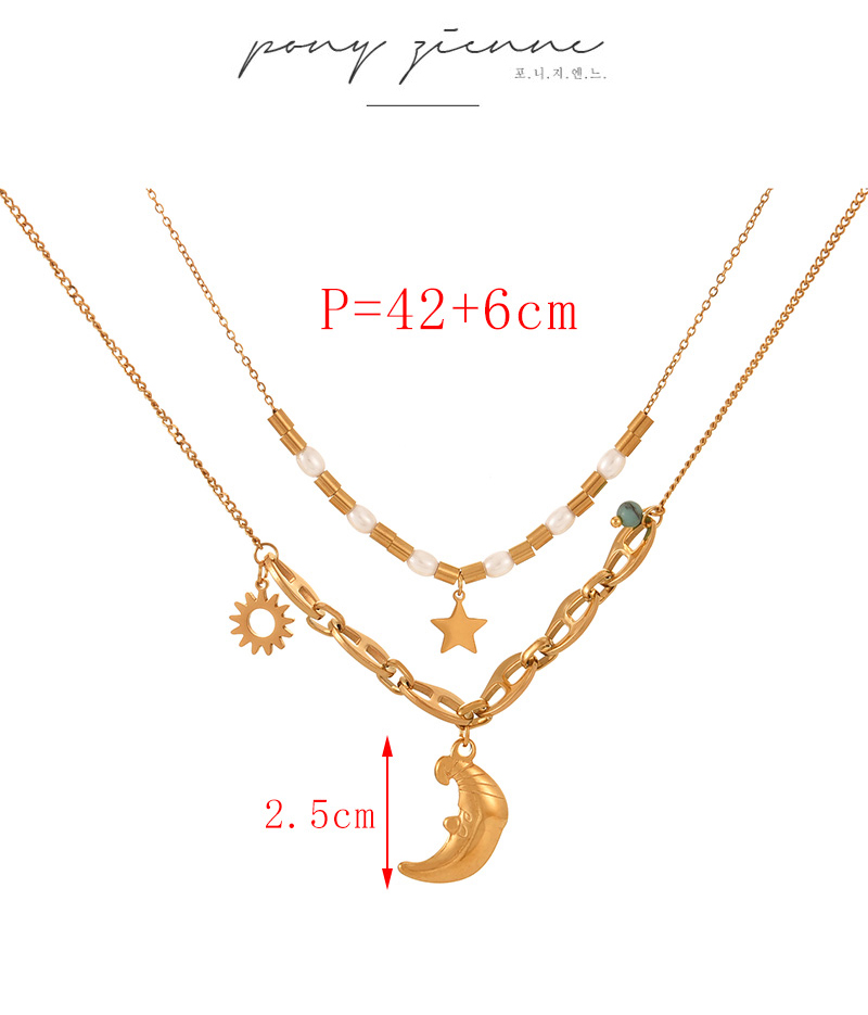 Fashion Gold Double Layer Titanium Steel Oyster Pearl Moon Pentagram Beaded Pendant Necklace,Necklaces