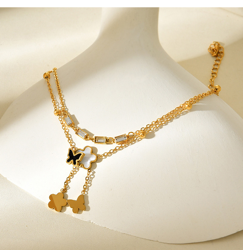 Fashion Gold Double Layer Titanium Steel Inlaid With Zirconium Shell Flower Pendant Tassel Bracelet,Bracelets