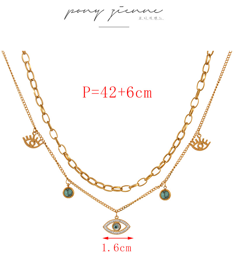 Fashion Gold Double Layer Titanium Steel Set With Zirconium Eyes And Turquoise Pendant Necklace,Necklaces