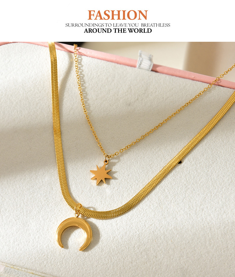 Fashion Gold Double Layer Titanium Steel Crescent Star Pendant Snake Bone Chain Necklace,Necklaces