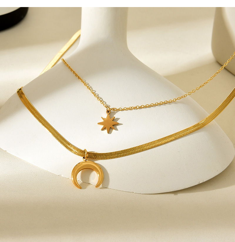 Fashion Gold Double Layer Titanium Steel Crescent Star Pendant Snake Bone Chain Necklace,Necklaces