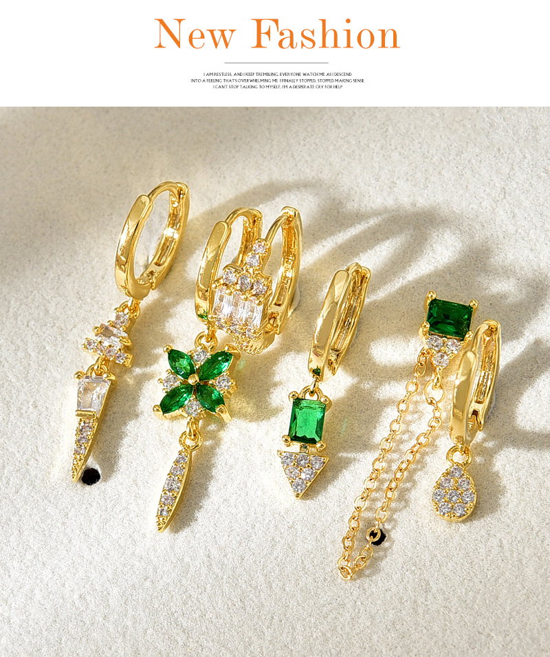 Fashion Dark Green Copper Inlaid Zirconium Geometric Pendant Chain Earrings 6-piece Set,Earring Set