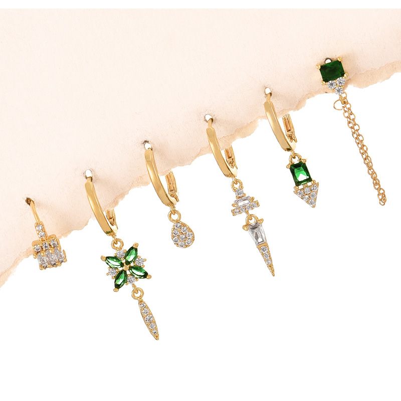 Fashion Dark Green Copper Inlaid Zirconium Geometric Pendant Chain Earrings 6-piece Set,Earring Set