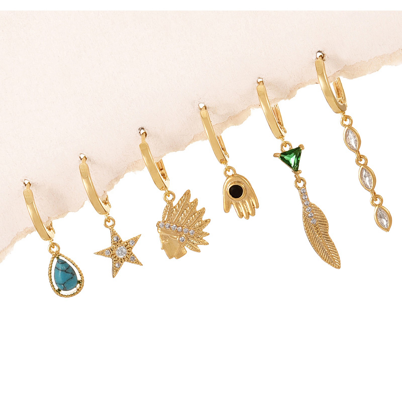 Fashion Gold Copper Inlaid Zirconium Feather Palm Pendant Earring Set Of 6 Pieces,Earring Set