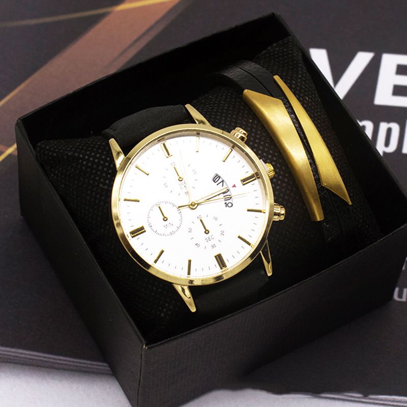 Fashion Gold Case Black Watch + Engraved Bracelet + Box Stainless Steel Round Dial Mens Watch + Engraved Bracelet,Men