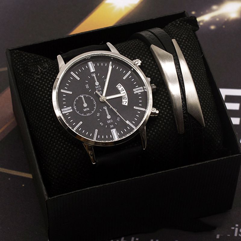 Fashion Silver Case Black Watch + Engraved Bracelet + Box Stainless Steel Round Dial Mens Watch + Engraved Bracelet,Men