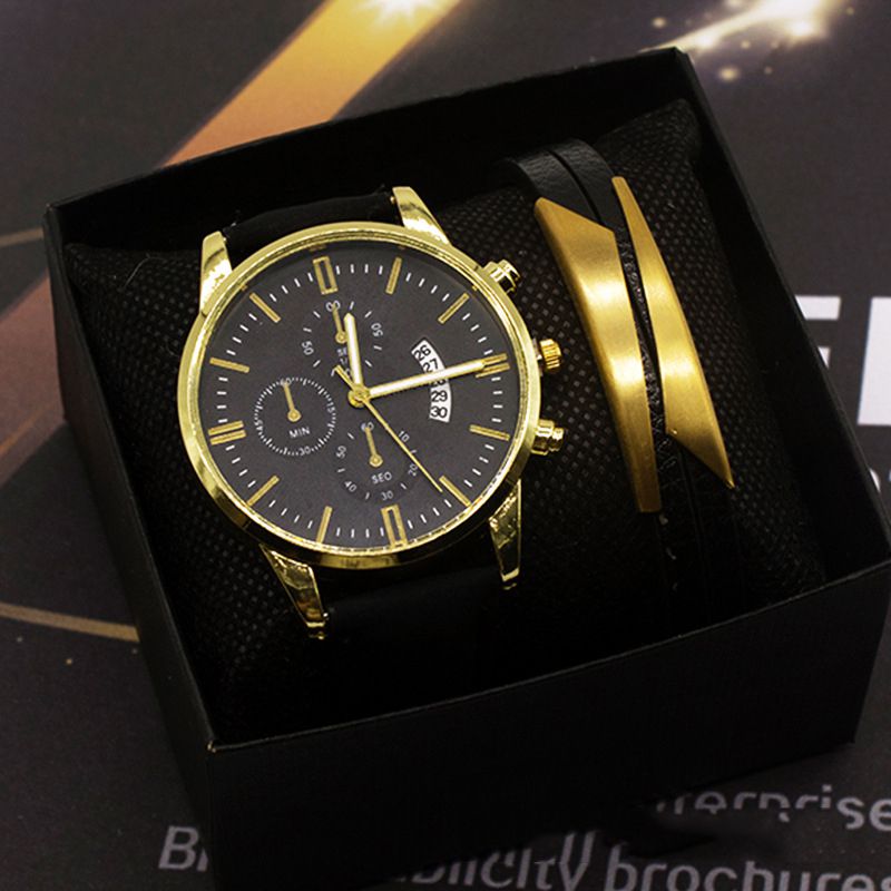 Fashion Gold Case Black Watch + Engraved Bracelet + Box Stainless Steel Round Dial Mens Watch + Engraved Bracelet,Men