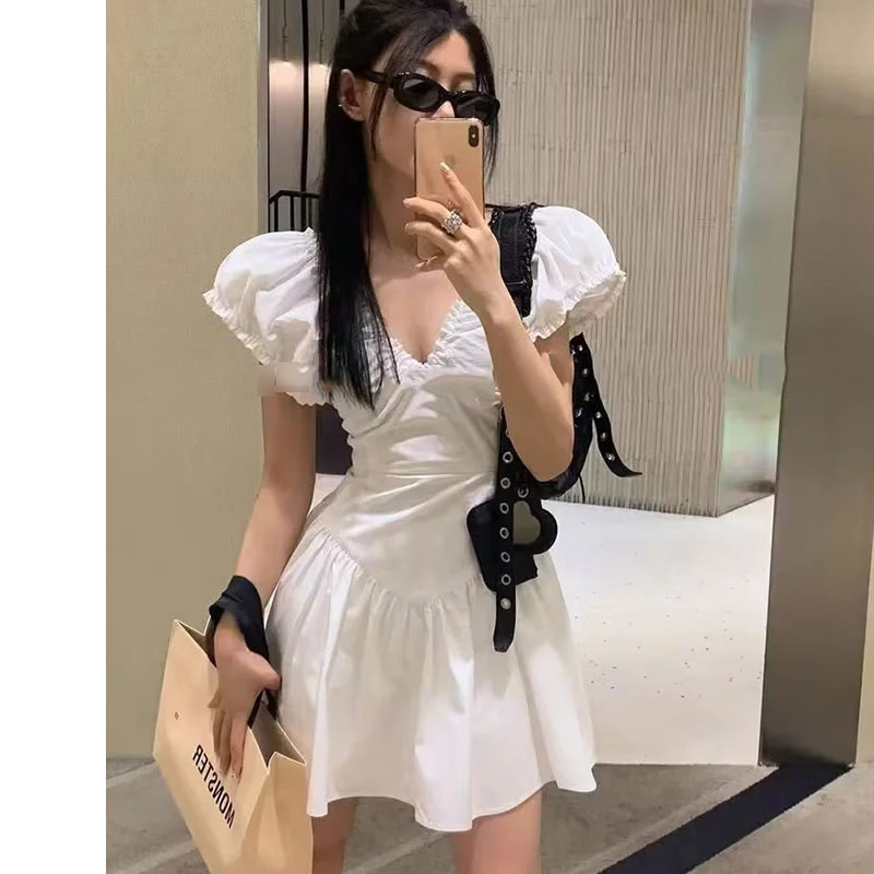 Fashion White Cotton Pleated V-neck Skirt,Mini & Short Dresses